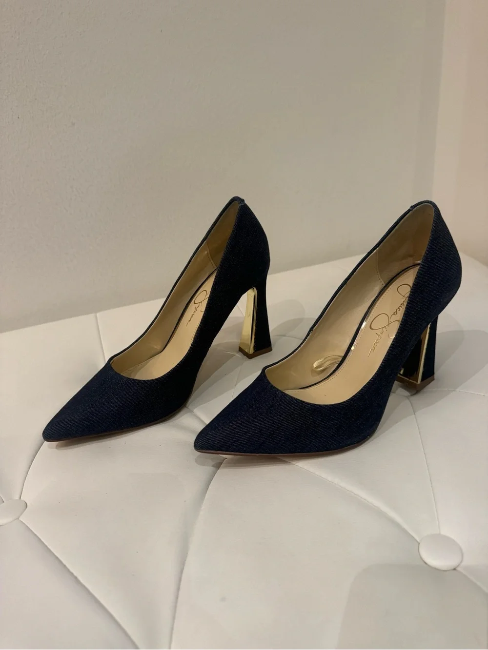 Jessica Simpson Dark Navy Denim and Gold Pointed-Toe Pumps